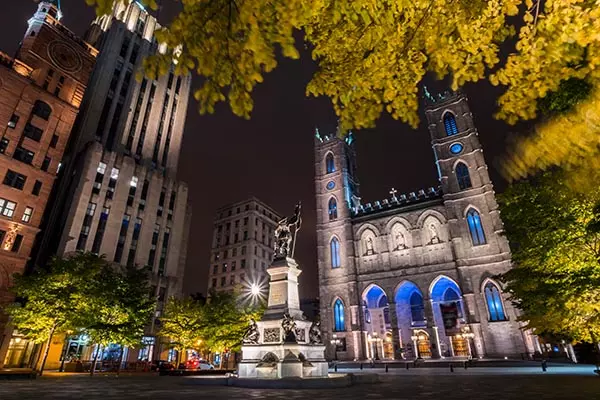 Montreal city near the Notre Dame Cathedral by night.