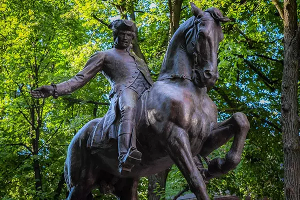 Statue of Paul Revere Outside the Old North Church in Boston, MA