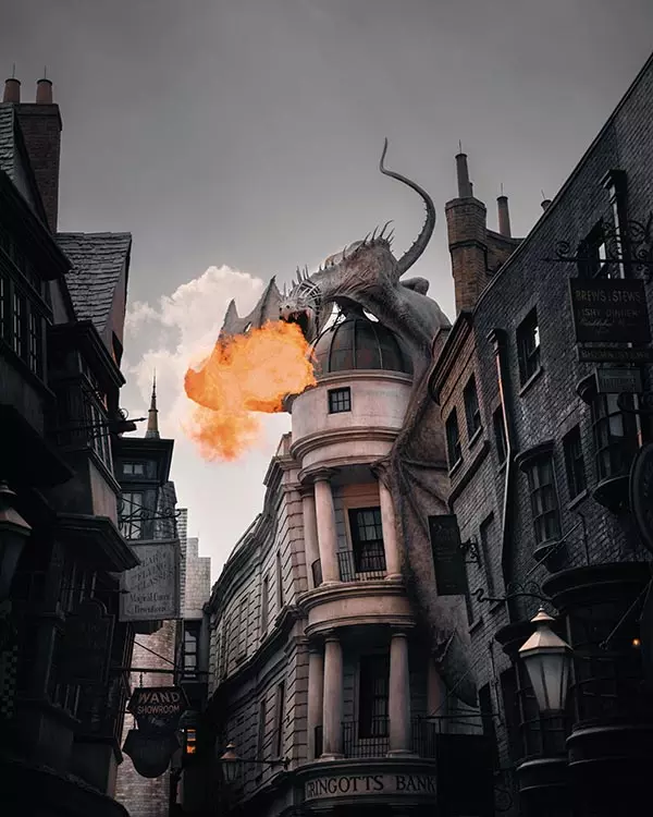 Dragon breathing fire on top of Gringots Bank in Diagon Alley Universal Studios Florida. Harry Potter